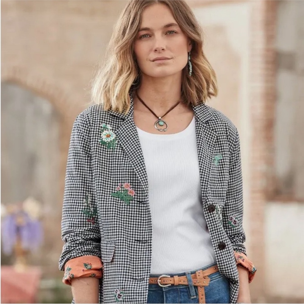 Sundance Tansy Gingham Embroidered Blazer Jacket Medium